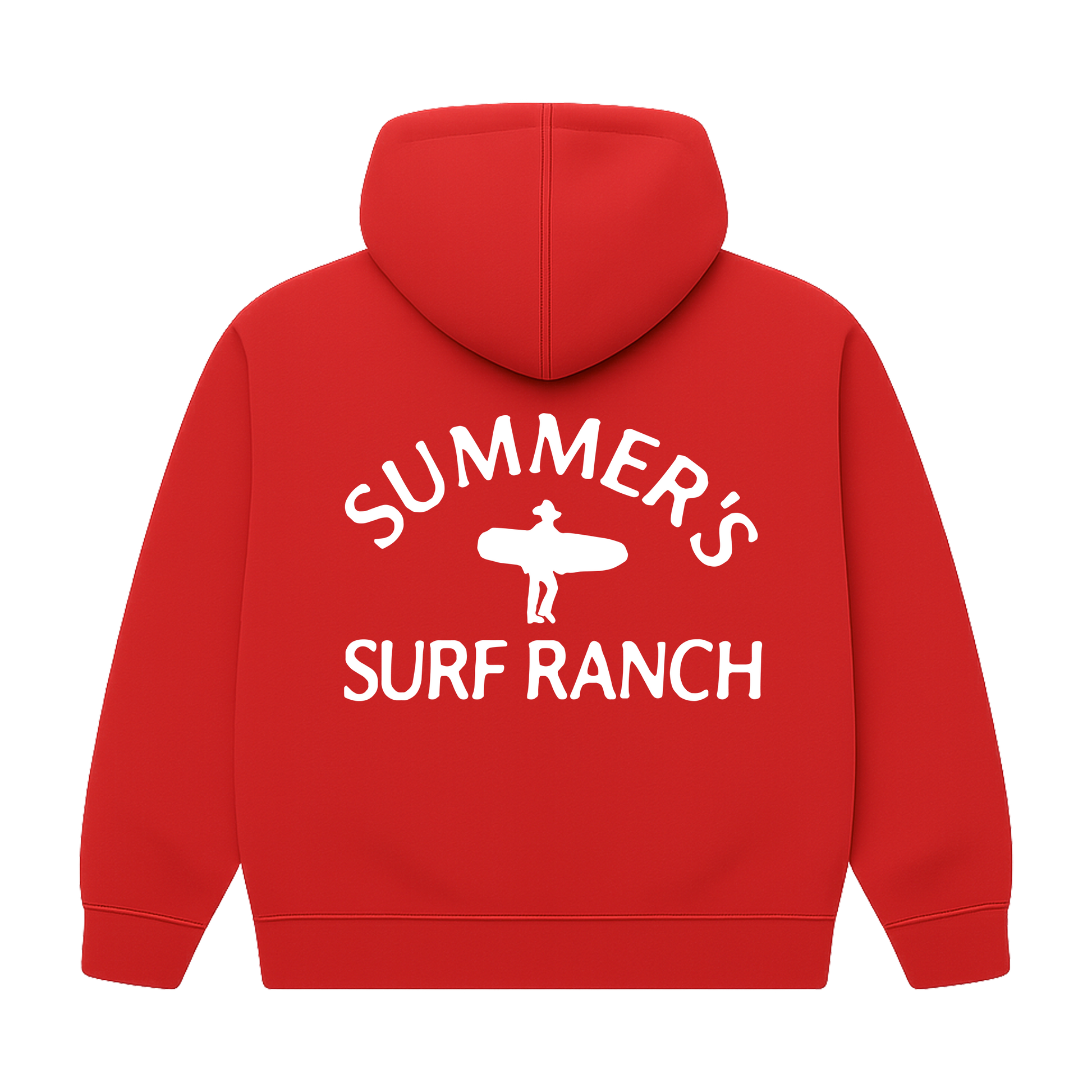 Red hoodie with 'Summer's Surf Ranch' text and graphic on the back against a white background