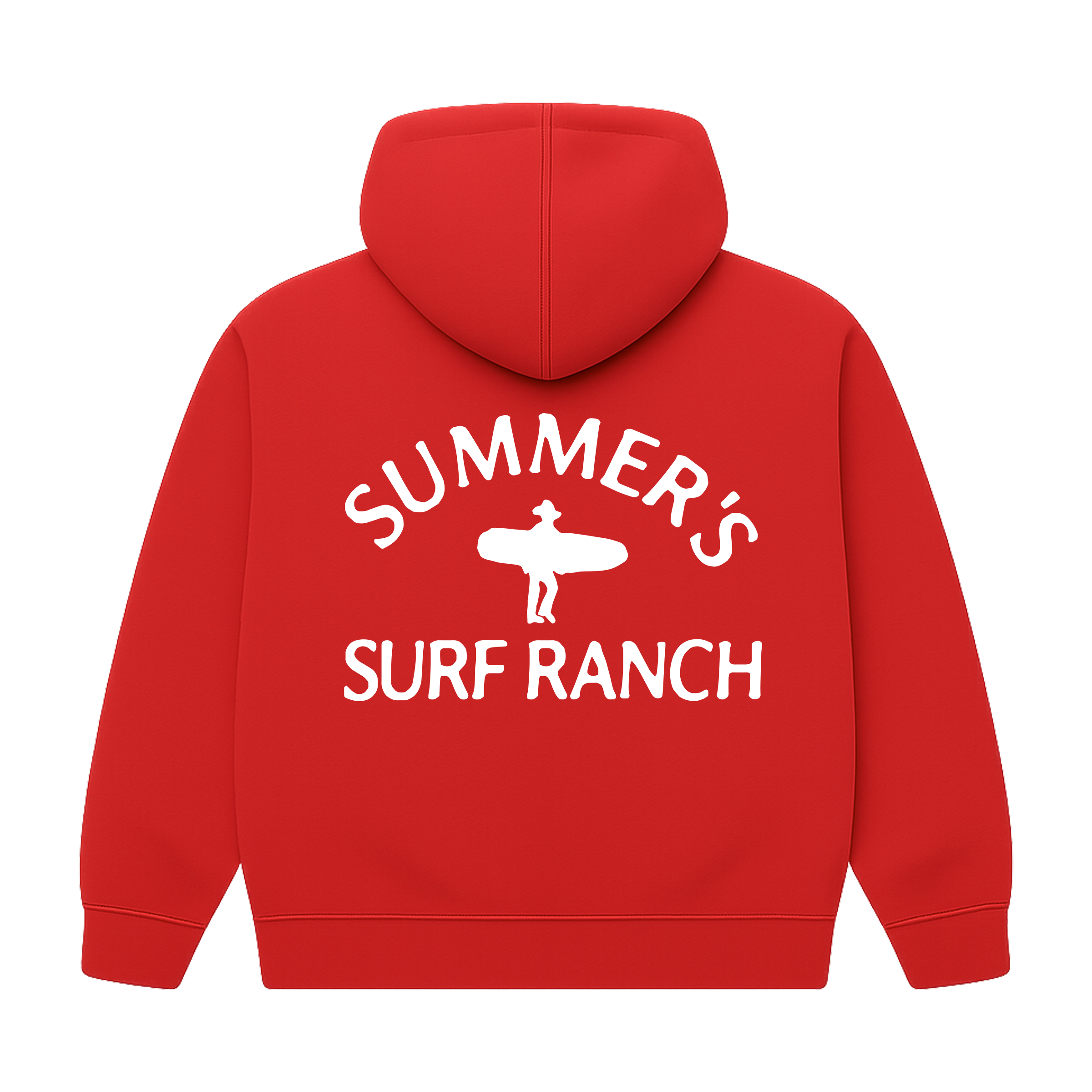 Red hoodie with 'Summer's Surf Ranch' text and graphic on the back against a white background