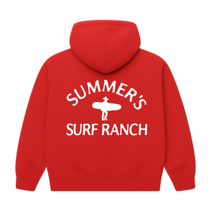 Red hoodie with 'Summer's Surf Ranch' text and graphic on the back against a white background