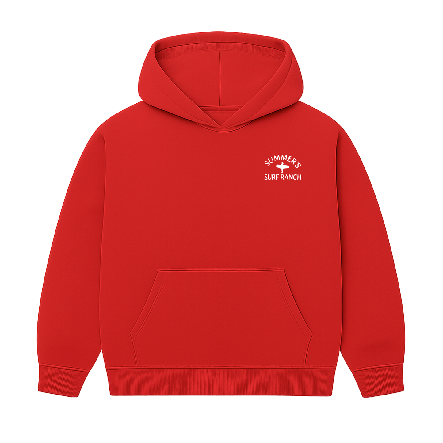 Red hoodie with a logo on the chest against a white background