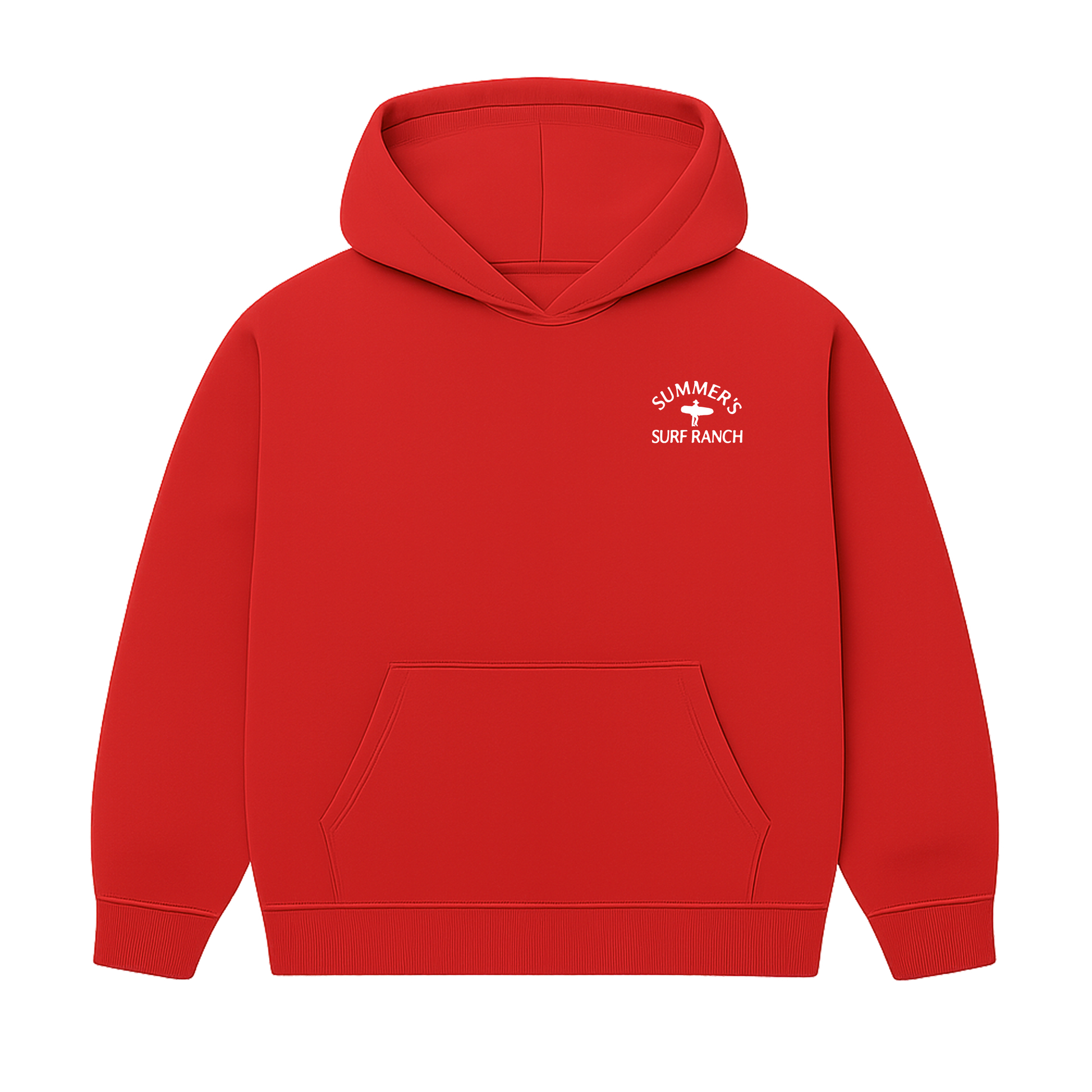 Red hoodie with a logo on the chest against a white background