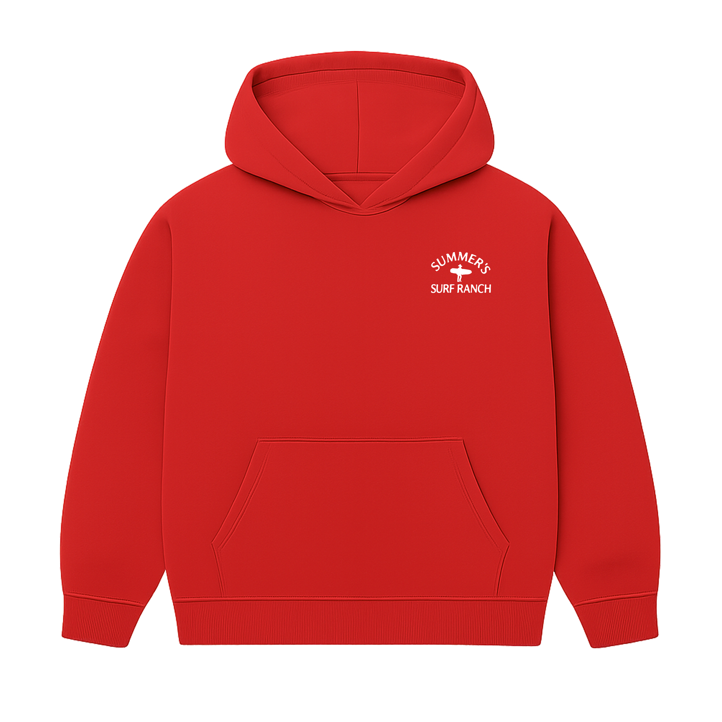 Red hoodie with a logo on the chest against a white background