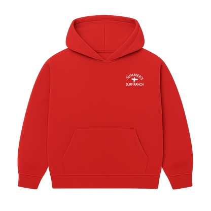 Red hoodie with a logo on the chest against a white background