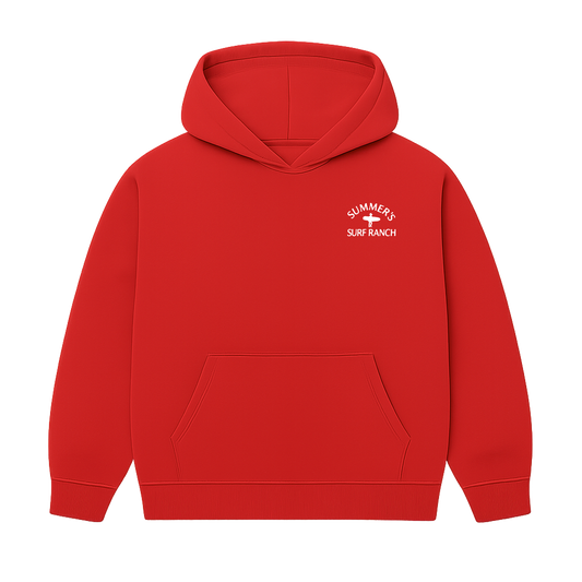 Red hoodie with a logo on the chest against a white background
